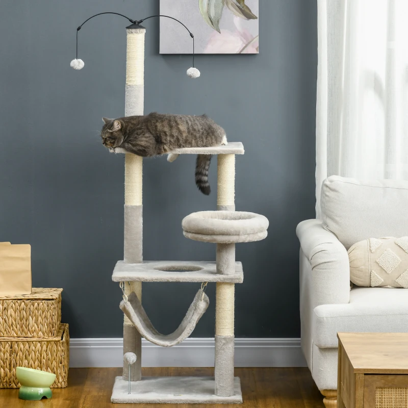 PawHut 57.5" Cat Tree for Indoor Cats with Scratching Posts, Cat Condo with Hammock, Bed, Toys, Grey