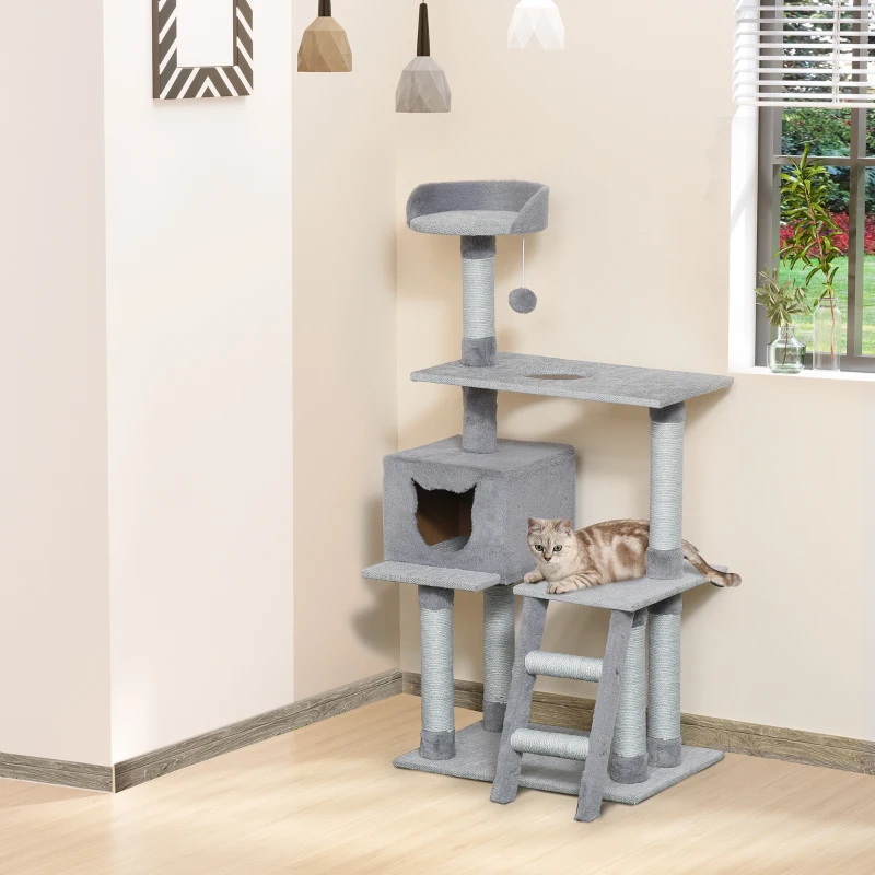 PawHut Cat Tree Activity Center w/ Jute Scratching Posts Ladder Dangling Ball Condo