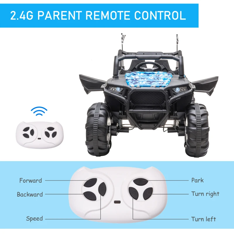 Aosom 12V Kids Ride On Truck, 10Ah Electric Car Off-Road UTV with Bluetooth, Remote Control, Suspensions, USB, MP3, Lights, 3 Speeds & 4 Motors, Blue