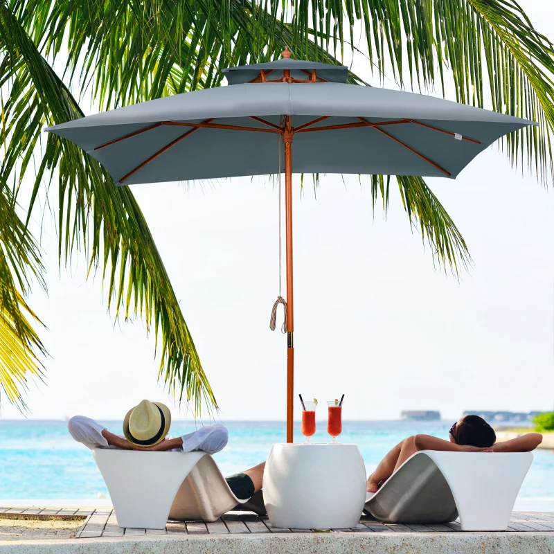 Outsunny 10x10ft Garden Market Parasol Wood Square Patio Umbrella Sunshade Canopy with 2 Pulley Pagoda Style Dark Grey