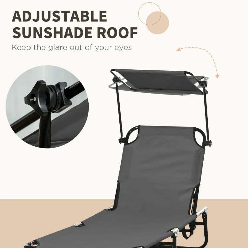 Outsunny 2 Piece Folding Outdoor Chaise Lounges, Pool Tanning Chairs with Reclining Back, Sunshade for Beach, Patio, Dark Grey