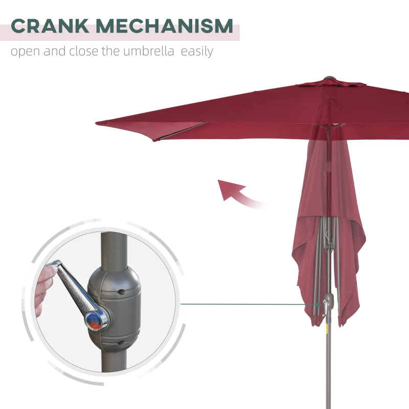 Outsunny 6.5x10ft Patio Umbrella, Rectangle Market Umbrella with Aluminum Frame and Crank Handle, Garden Parasol Outdoor Sunshade Canopy, Wine Red