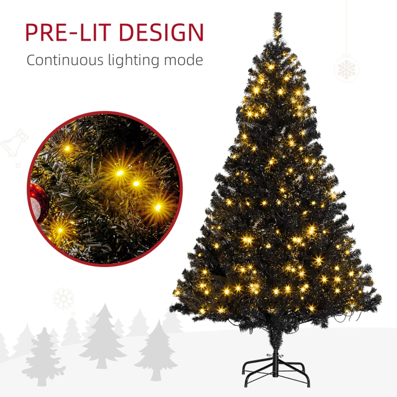 HOMCOM 6 FT Tall PreLit Artificial Christmas Tree with Realistic Branches, 250 Warm White LED Lights and 1000 Tips, Black