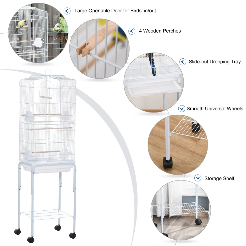 PawHut 62" Rolling Bird Cage Cockatoo House Play Top Finch Pet Supply with Storage Shelf, Wheels - White
