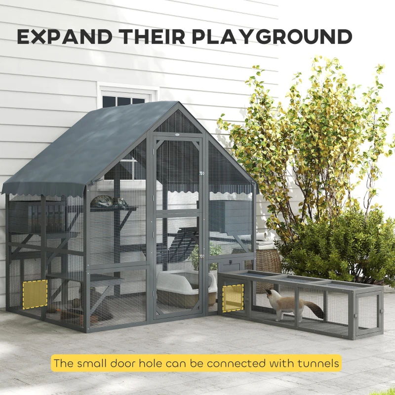 PawHut Large Catio Outdoor with Waterproof Cover, 2 Resting Boxes, 4 Platforms, Bridge, for 2-4 Kittens, Grey