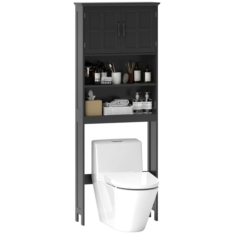 kleankin Modern Over The Toilet Storage, Bathroom Cabinets Over Toilet with Open Shelves and Double Door Cabinet, Black