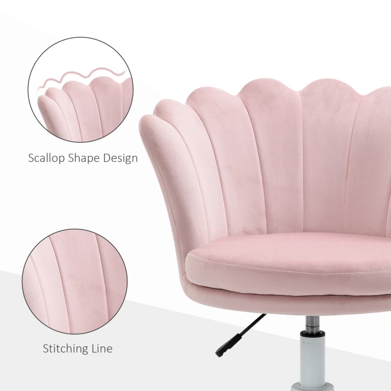 HOMCOM Adjustable Height Study Chair, Mid Back Velvet Office Chair with Swivel Wheels for Living Room, Study, Pink
