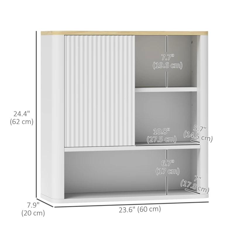 HOMCOM Bathroom Wall Cabinet, Medicine Cabinet with Fluted Panel, Curved Bathroom Cabinet with Adjustable Shelves, White
