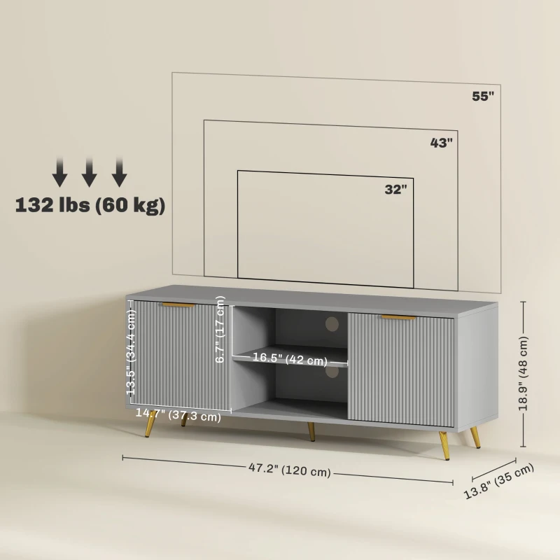 HOMCOM TV Stand with Storage for 55 Inch TV, Modern TV Cabinet with 2 Open Shelves and 2 Cabinets for Living Room, Grey