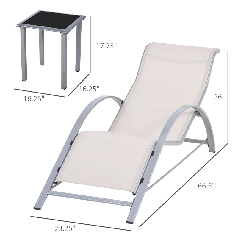 Outsunny 3 Pieces Patio Pool Lounge Chairs Set, Outdoor Chaise lounge with 2 S-Shaped Sunbathing Chairs and a Glass Top Table, for Yard Garden, Cream White