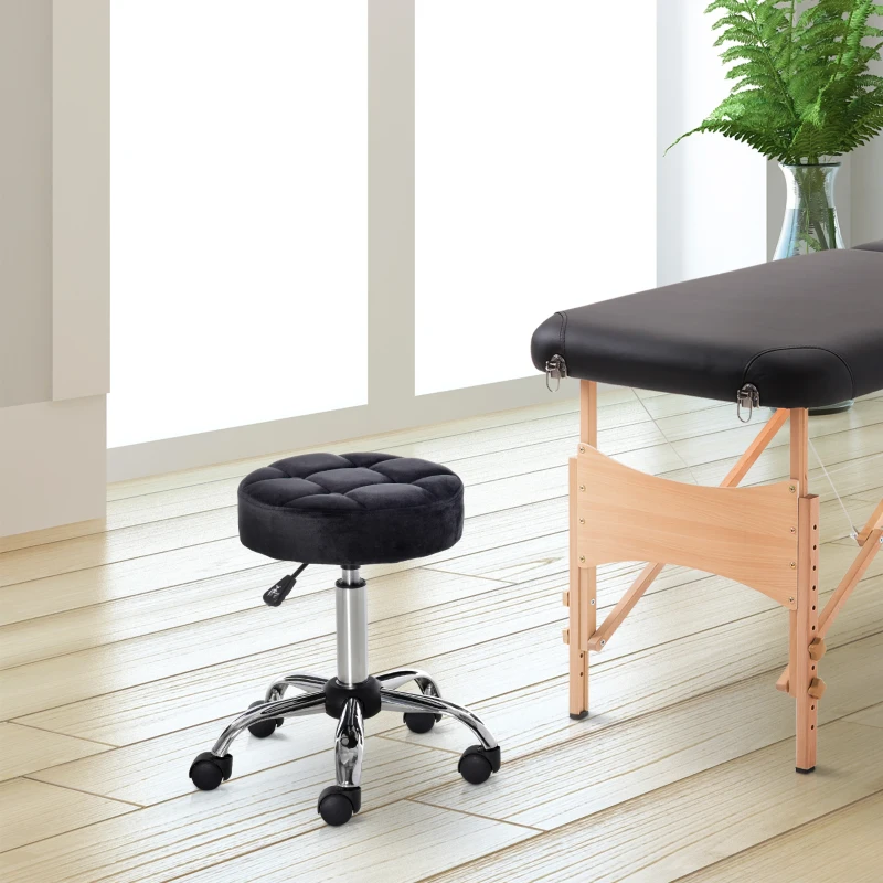 HOMCOM Round Rolling Stool with Height Adjustable Lift, Vanity Chair with Luxury Style Upholstery, Office Chair with Swivel Seat and Wheels for Work Spa Salon, Black