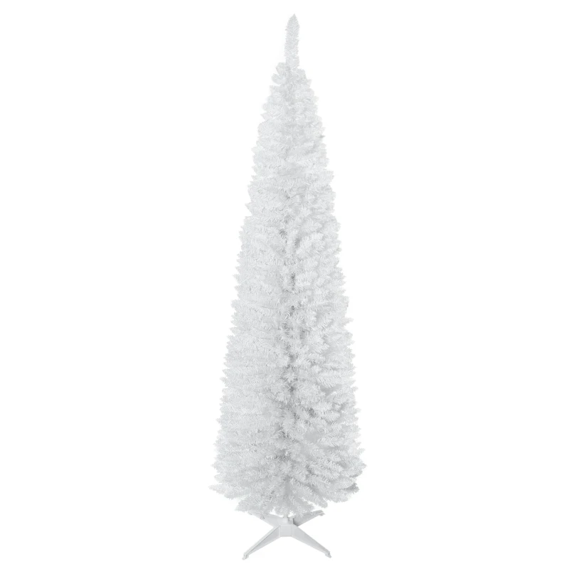 HOMCOM 7' Pencil Christmas Tree, Slim Artificial Xmas Tree with Realistic Branches, Sturdy Metal Stand, White