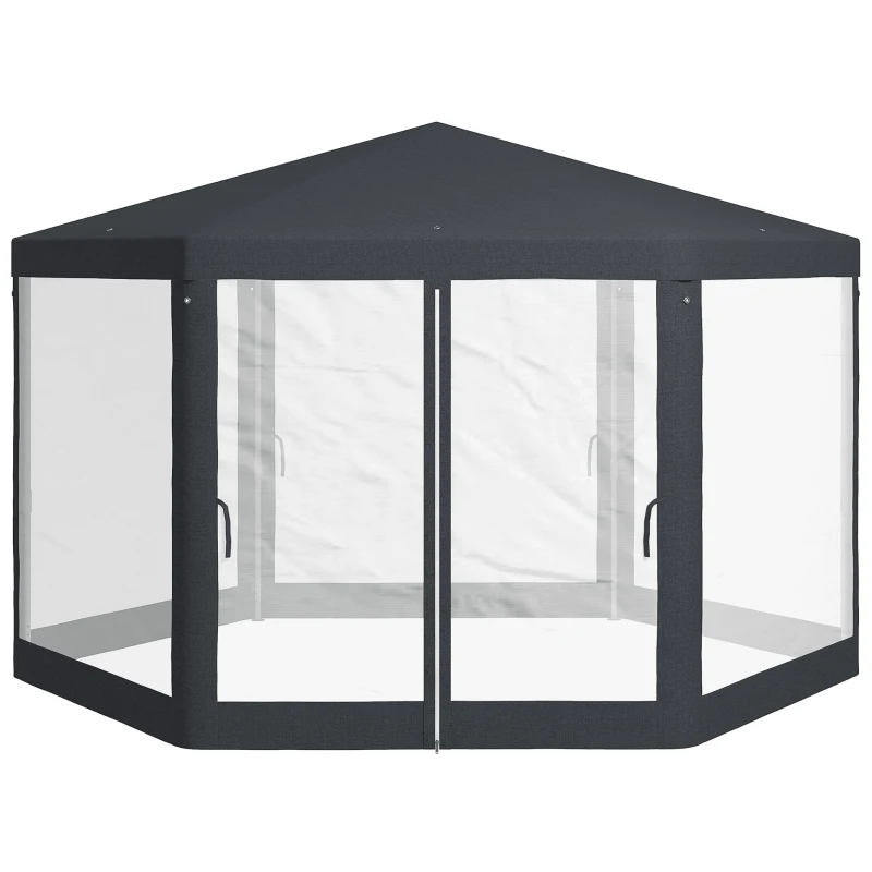 Outsunny Φ13' Hexagon Party Tent Patio Gazebo Outdoor Activity Event Canopy Quick Sun Shelter Pavilion with Netting Mesh Sidewall Dark Grey