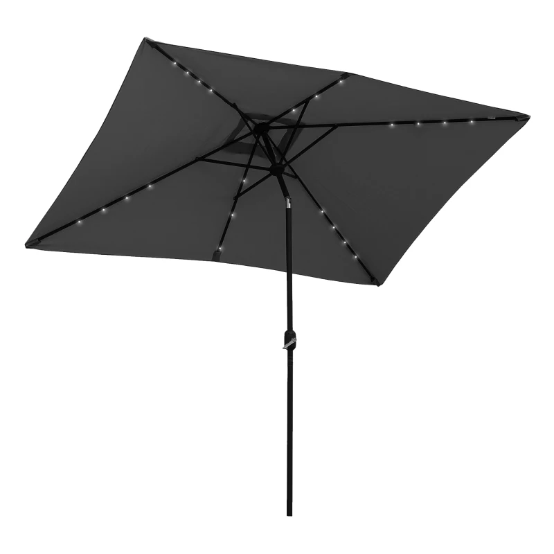 Outsunny 6' x 10' Patio Umbrella with 22 LED Solar Lights and Tilt, Rectangular Outdoor Table Umbrella with Crank, Dark Grey