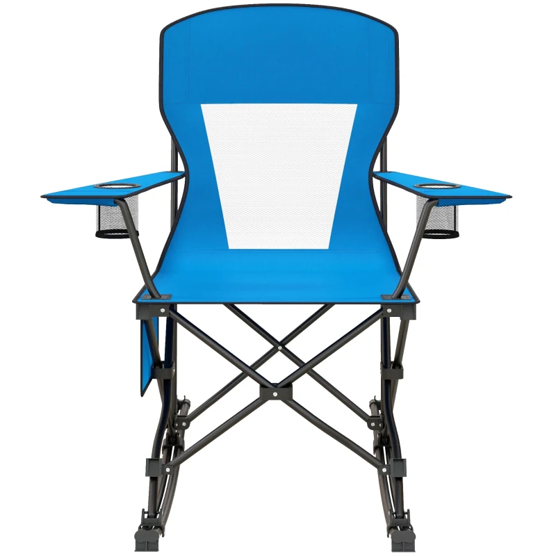 Outsunny Outdoor Rocking Chair Folding Camping Chair Portable Rocker with Armrests, Side Cup Holders, & Carry Bag, Blue