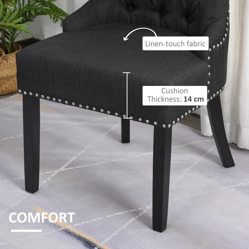 HOMCOM Swoop Air Linen Fabric Dining Chair Set of 2 with Nailhead Trim and Wood Legs, Dark Grey