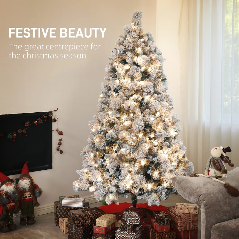 HOMCOM 6.5 ft Prelit Flocked Artificial Christmas Tree with 350 Clear Lights, 1107 Tips, Metal Stand for Home Office Holiday