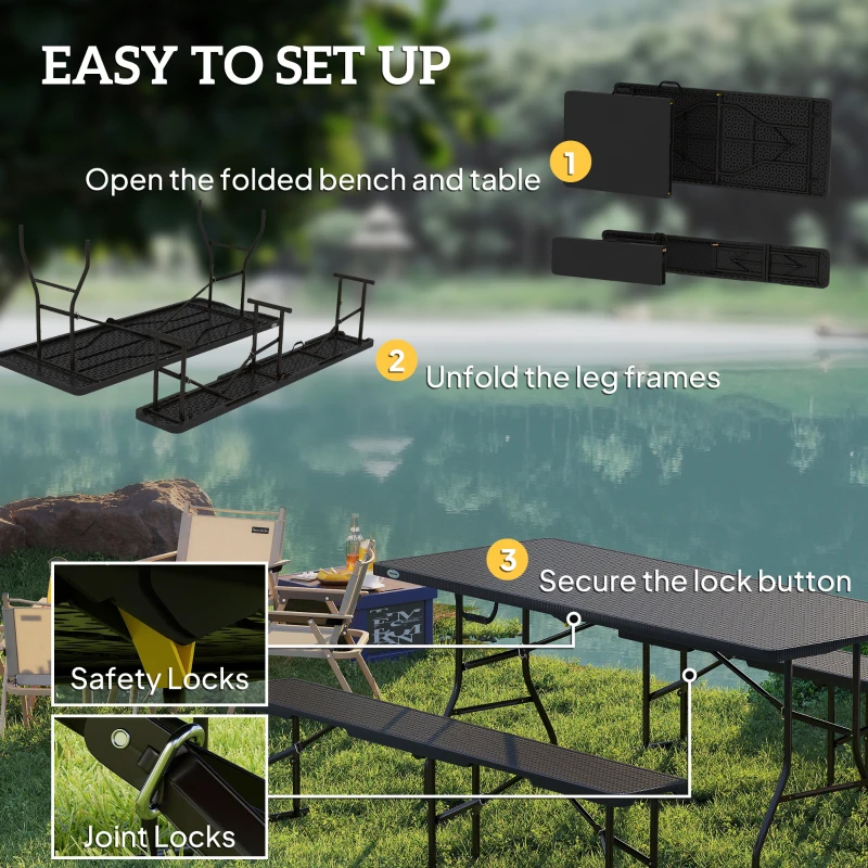 Outsunny 6FT 3PCS Faux Rattan Outdoor Camping Table Bench Set with Carrying Handles, Folding Picnic Table with 2 Benches, Black