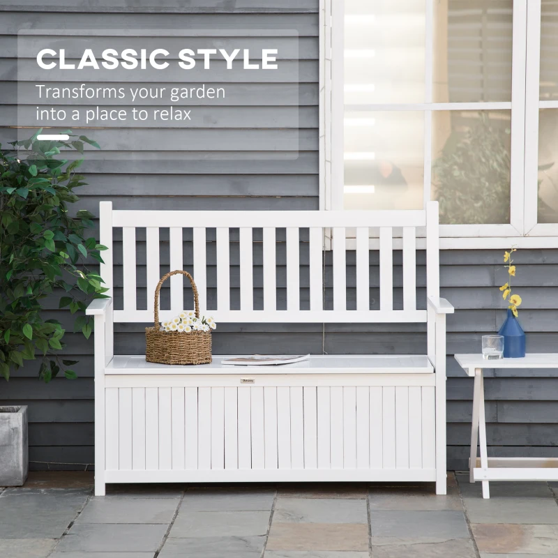 Outsunny 2-Seater Storage Garden Bench, Outdoor Patio Seating Furniture, Deck Box with Inner for Patio, Porch or Balcony, White