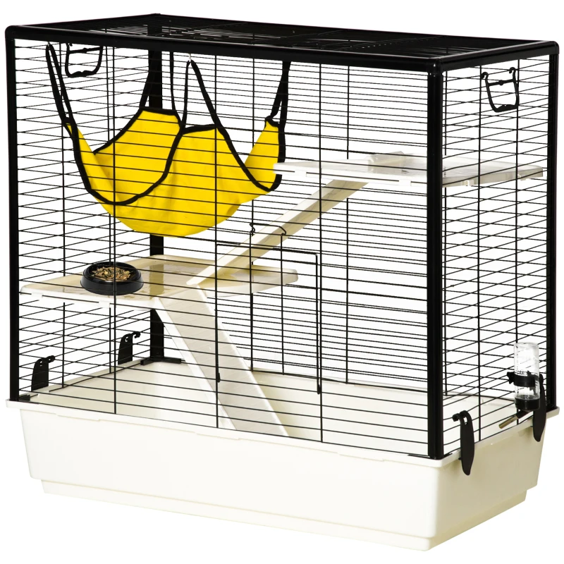 PawHut Small Animal Cage Habitat Indoor Pet Play House for Guinea Pigs Ferrets Chinchillas, With Accessories Hammock Water Bottle Balcony Ramp Food Dish, 31.5", Yellow