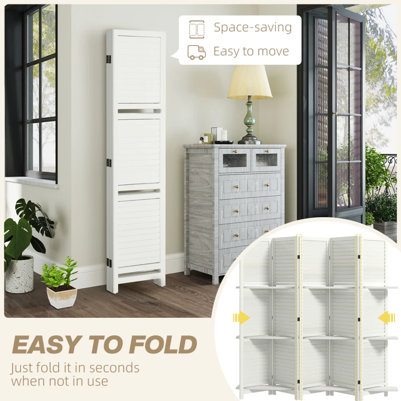 HOMCOM 5 Panel 67" Tall Wood Privacy Screen Room Divider with 3 Shelves and Folding Storage for Bedroom, White