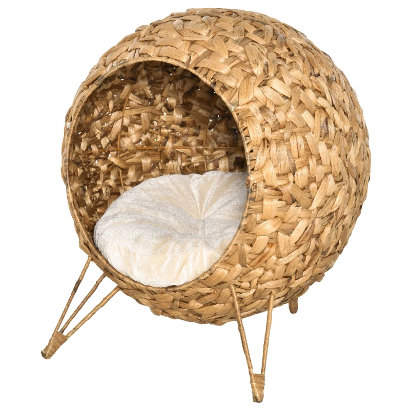 PawHut 20.5" Weaved Cat Bed, Elevated Hand-woven Braided Banana Leaf Kitten House Condo with Cushion, Natural