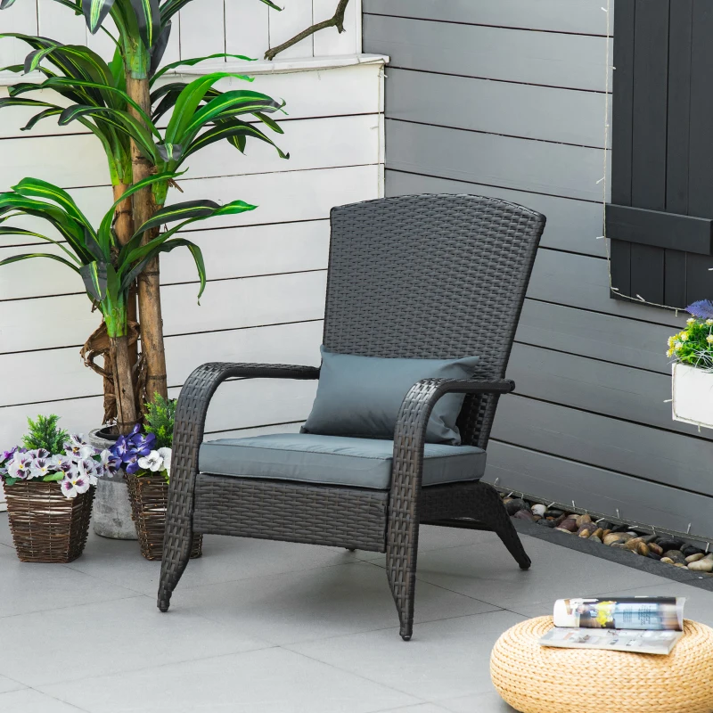 Outsunny Patio Wicker Adirondack Chair, PE Rattan Outdoor Muskoka Chair, Fire Pit Chair with Cushions for Patio, Garden, Backyard, Poolside, Balcony, Deck, Light Grey