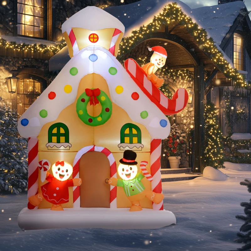 Outsunny 7FT Giant Inflatable Gingerbread House, Christmas Blow Up Decoration with Built-in LED Lights for Indoor, Outdoor, Yard