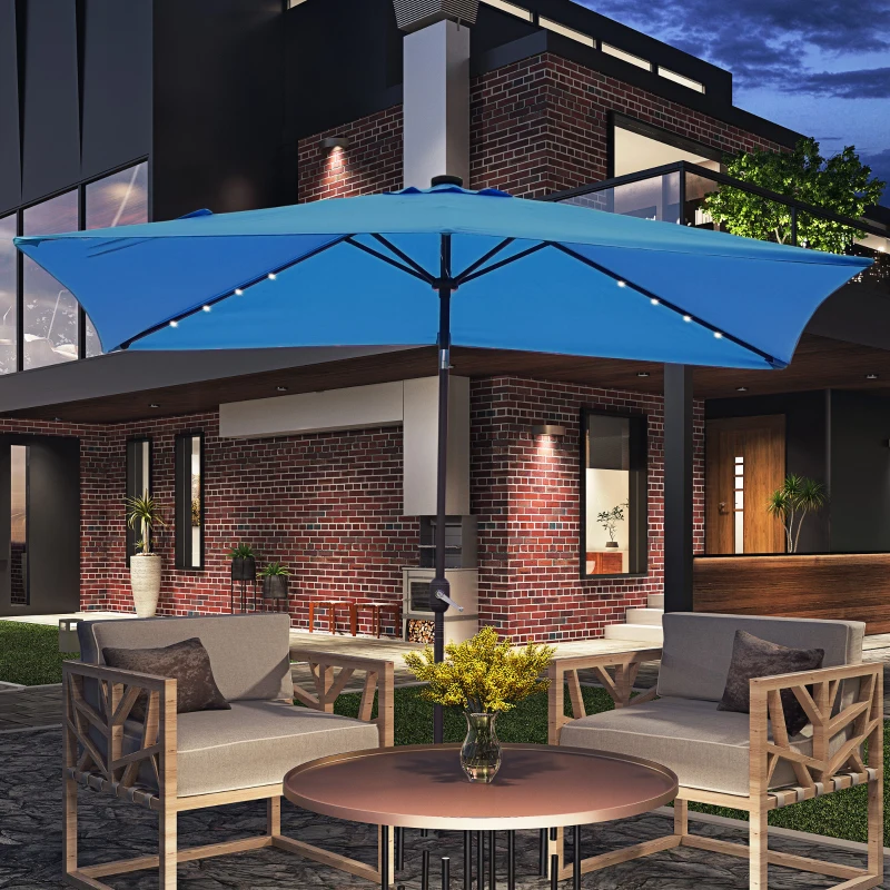 Outsunny 6' x 10' Patio Umbrella with 22 LED Solar Lights and Tilt, Rectangular Outdoor Table Umbrella with Crank, Light Blue