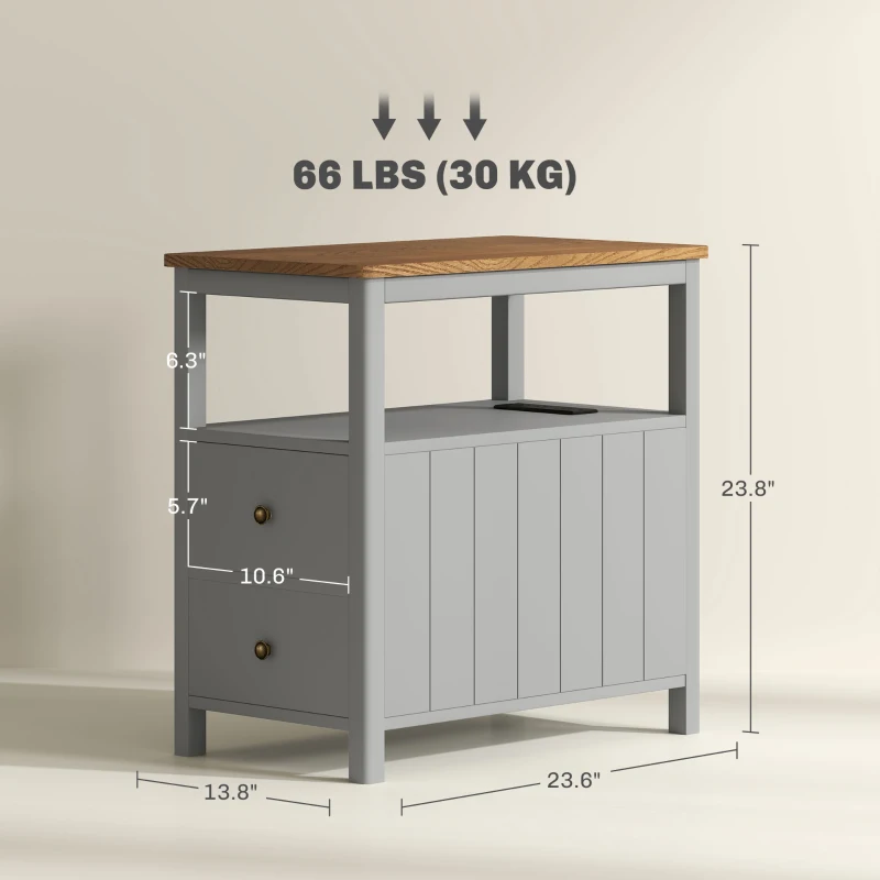 HOMCOM Side Table with Charging Station and USB Ports, Narrow End Table with Drawers, Shelf for Living Room, Gray