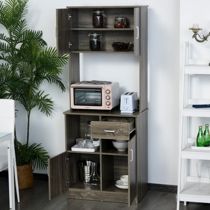 HOMCOM Kitchen Pantry Storage Cabinet with Microwave Stand, Buffet with Hutch, Door Cupboards, Drawer and Adjustable Shelves, Gray