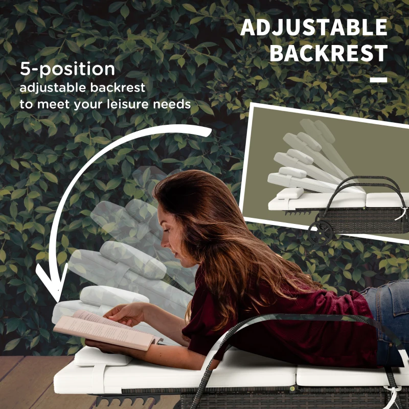 Outsunny 2 Reclining Chaise Lounge Chairs, Rolling Outdoor Chairs with Cushion, Pillow, Headrest, Armrests, and Wheels, Cream