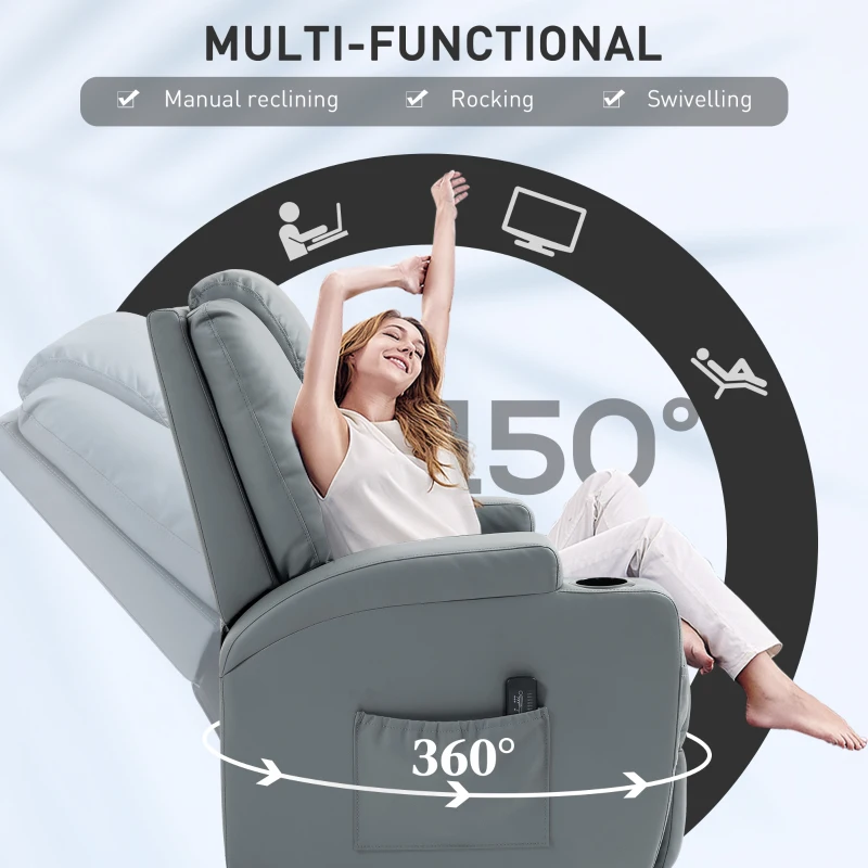 HOMCOM Massage Recliner Chair Leather Swivel Rocker Manual Reclining Chair with 8 Vibration Points, Cup Holders, Light Grey