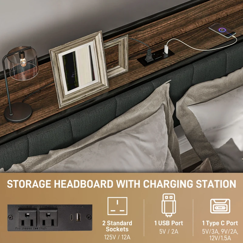 HOMCOM Queen Size Bed Frame with Charging Station, Queen Bed Frame with Upholstered Headboard and Storage Shelf, Walnut