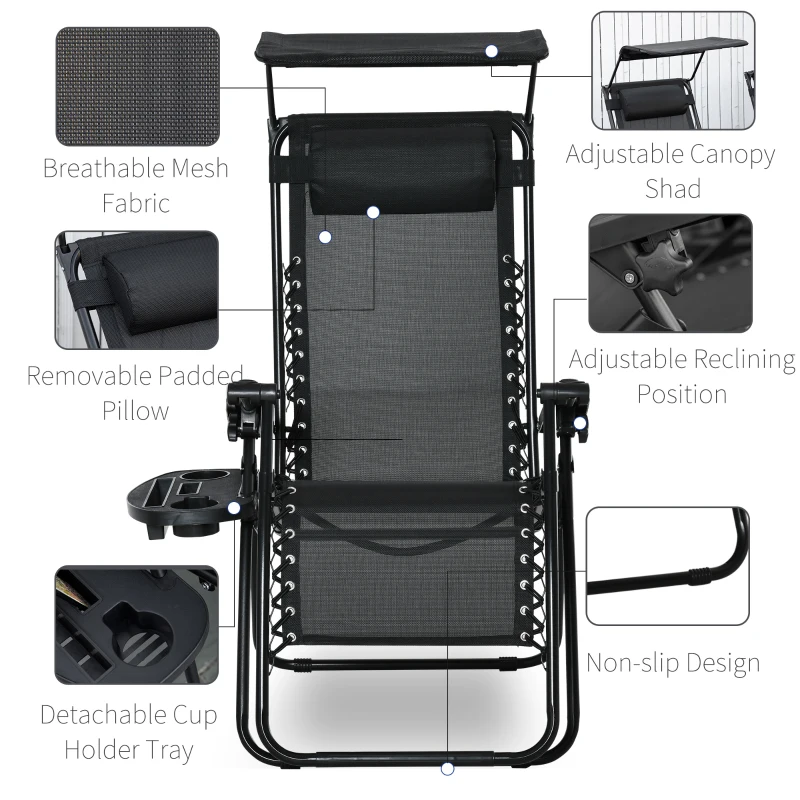 Outsunny 2 Piece Foldable Lounge Chair with Canopy Shade, Outdoor Zero Gravity Chair w/ Side Tray & Cup Holder, Reclining Lounger w/ Breathable Mesh Fabric Seat, Pillow, Black