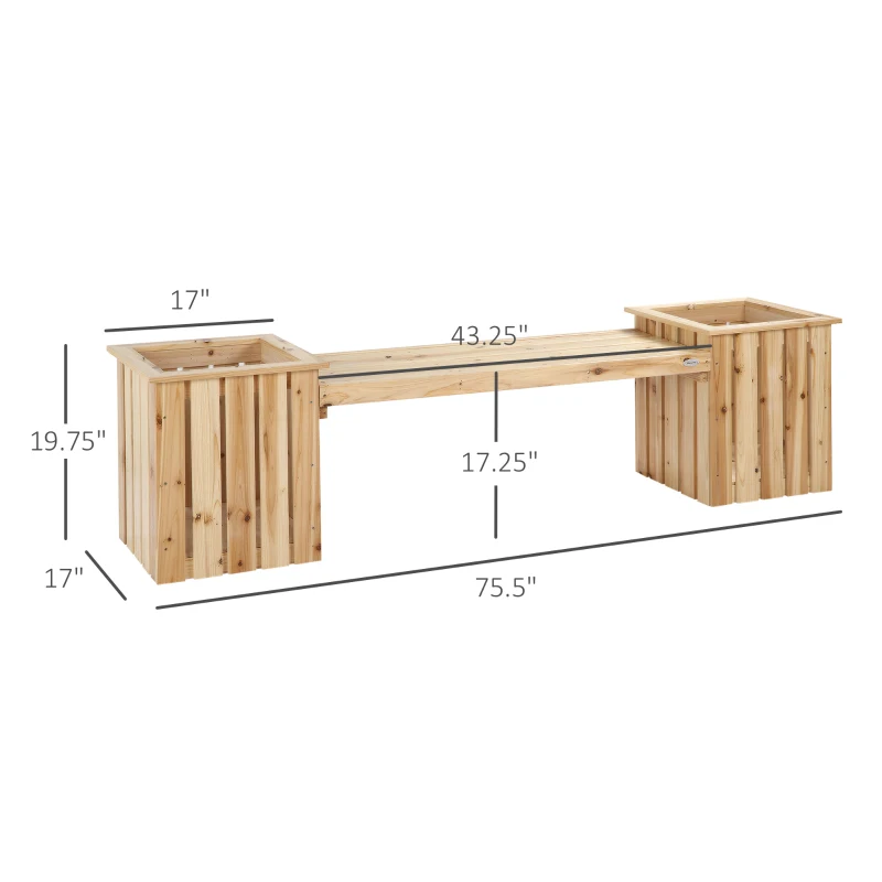 Outsunny Outdoor Wooden Garden Stool Bench with 2 Planters, Natural Wood