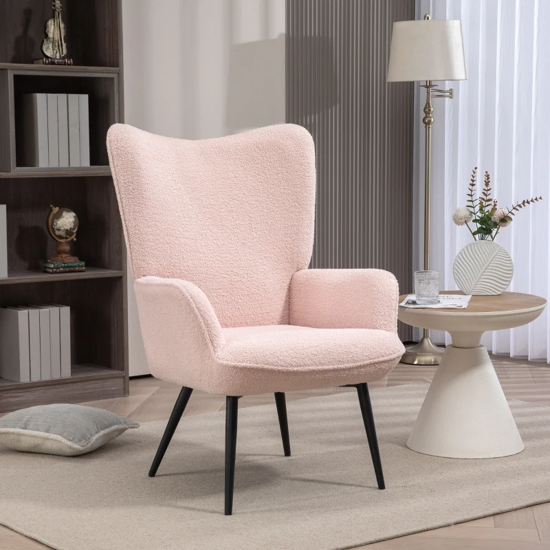 HOMCOM Accent Sherpa Chair, Upholstered Armchair, Fluffy Wingback Chair for Living Room, Reading Room, Pink