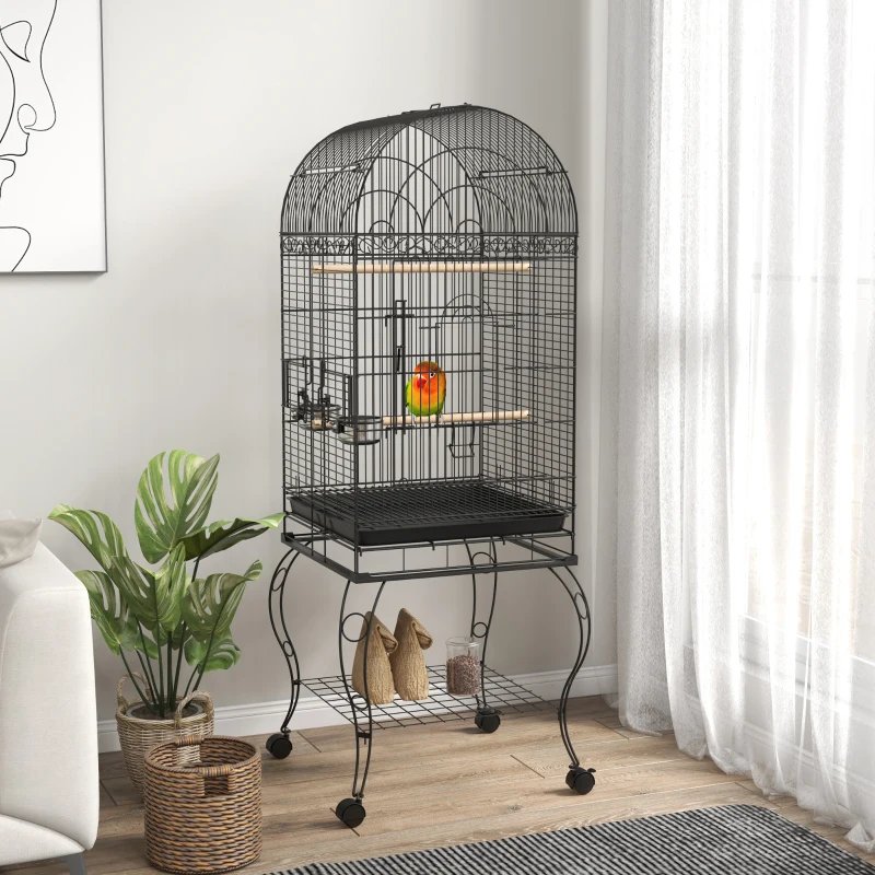 PawHut Play Open Top Bird Cage 60" Parrot Cage for Cockatiel, Sun Conure with Rolling Stand, Removable Tray, Perches, Storage Shelf Black, 20.1" x 20.1"