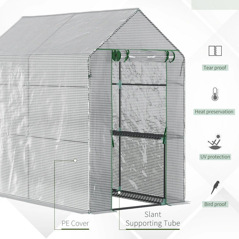 Outsunny 73" x 47" x 75" Walk-in Greenhouse Outdoor Portable Plant Flower Growth Warm House Garden Tunnel Shed with Roll-up Door and 4 Shelves, White