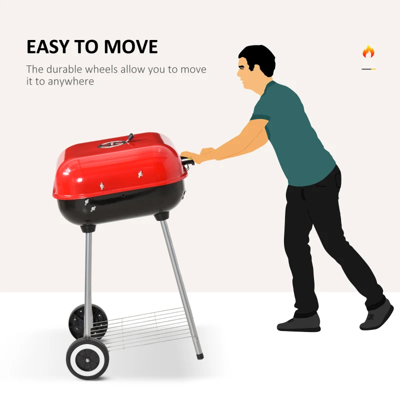 Outsunny Charcoal BBQ Grill, Portable Kettle Barbecue Smoker with Lid, Wheels, Storage Rack, Red