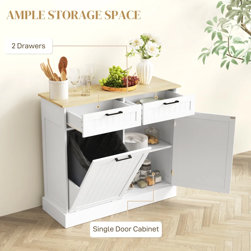 HOMCOM Hidden Garbage Bin Cabinet, Tilt Out Trash Cabinet w/ 2 Drawers, Freestanding Kitchen Island for Laundry, White
