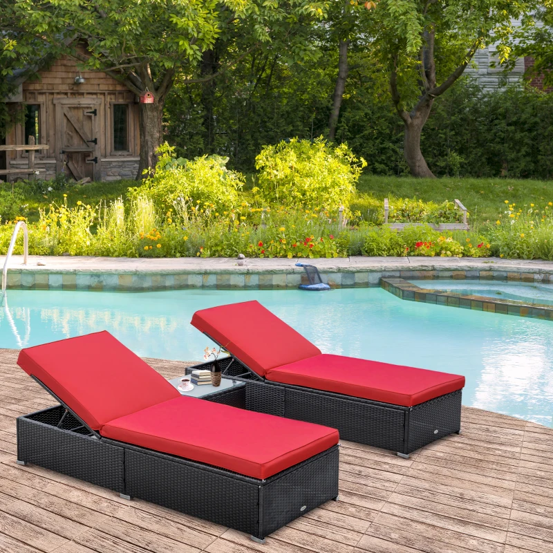 Outsunny Chaise Lounge Chair Set of 2 with 5 Angle Backrest, Outdoor Coffee Table, Water Repellent Cushions, PE Rattan Wicker Poolside Chairs, 3-Piece Pool Furniture Set, Dark Brown/Red