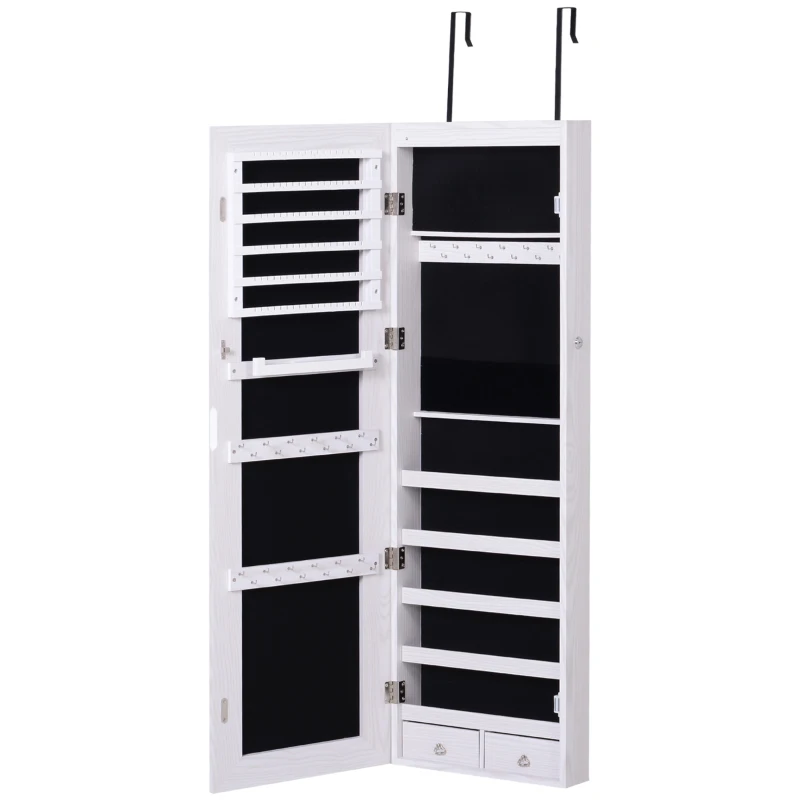 HOMCOM Mirror Jewellery Cabinet Armoire with LED Lights and 2 Keys, Wall Door Mounted Jewellery Organizer, Lockable Full-length Mirror, Wood Grain Grey