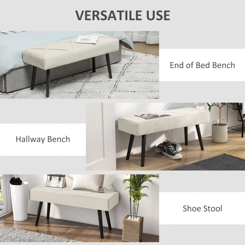 HOMCOM 39 Inches Upholstered Bedroom Bench, Modern End of Bed Bench with Steel Legs, Cream White