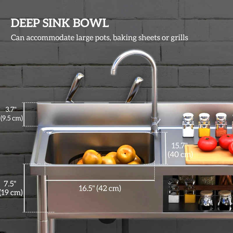 HOMCOM Stainless Steel Outdoor Utility Sink with Cold and Hot Water Pipe and Double Storage Shelves for Laundry Garage