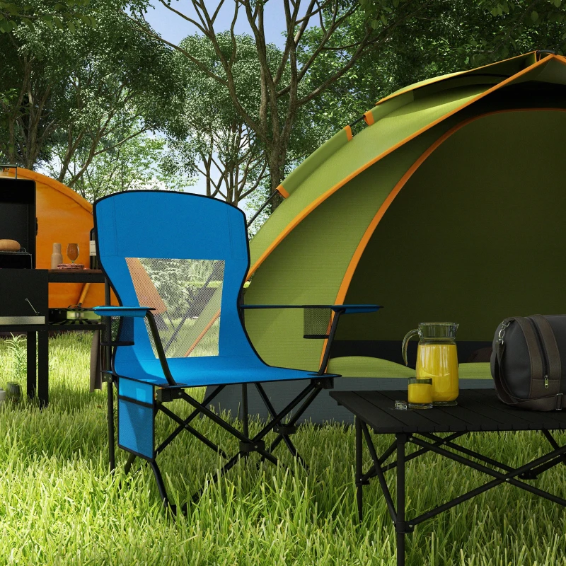 Outsunny Outdoor Rocking Chair Folding Camping Chair Portable Rocker with Armrests, Side Cup Holders, & Carry Bag, Blue