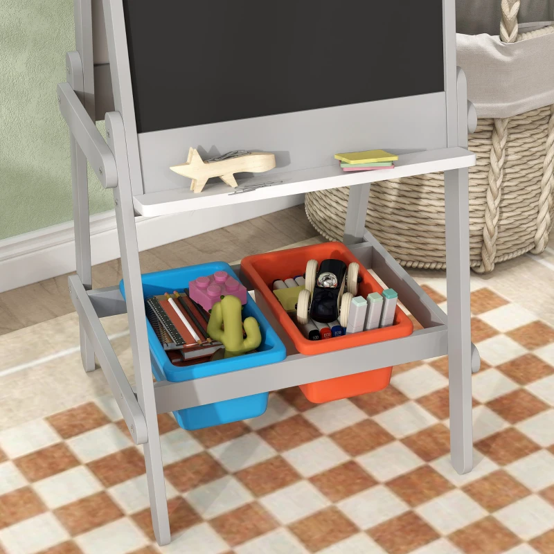 Qaba Easel for Kids, Art Easel w/ Paper Roll, Double Sided Whiteboard & Chalkboard with 2 Storage Boxes