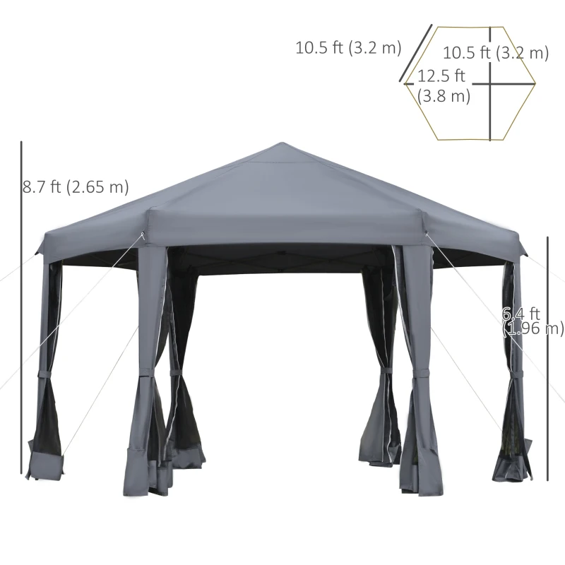 Outsunny 12.5' Pop Up Gazebo Hexagonal Canopy Tent Outdoor Shelter Pavilion Sun Protection with Mesh Sidewalls, Handy Bag, Dark Grey