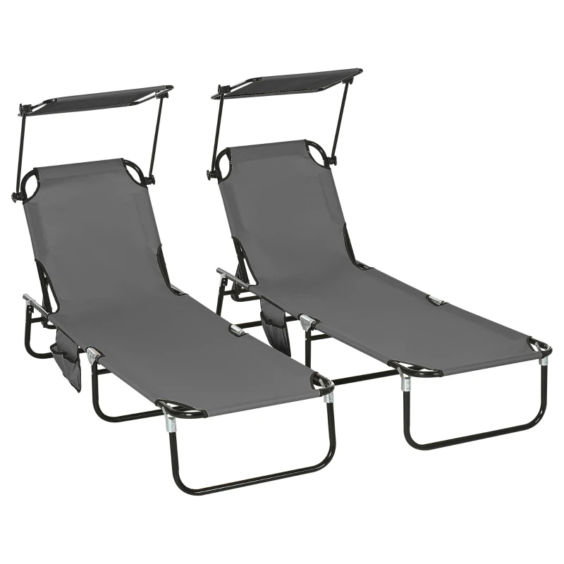 Outsunny 2 Piece Folding Outdoor Chaise Lounges, Pool Tanning Chairs with Reclining Back, Sunshade for Beach, Patio, Dark Grey