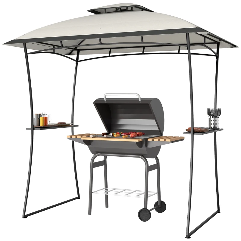 Outsunny 8' x 5' Outdoor Grill Gazebo, Double Tiered Barbecue Grill Gazebo Shelter with 2 Side Shelves and Hook, Light Grey